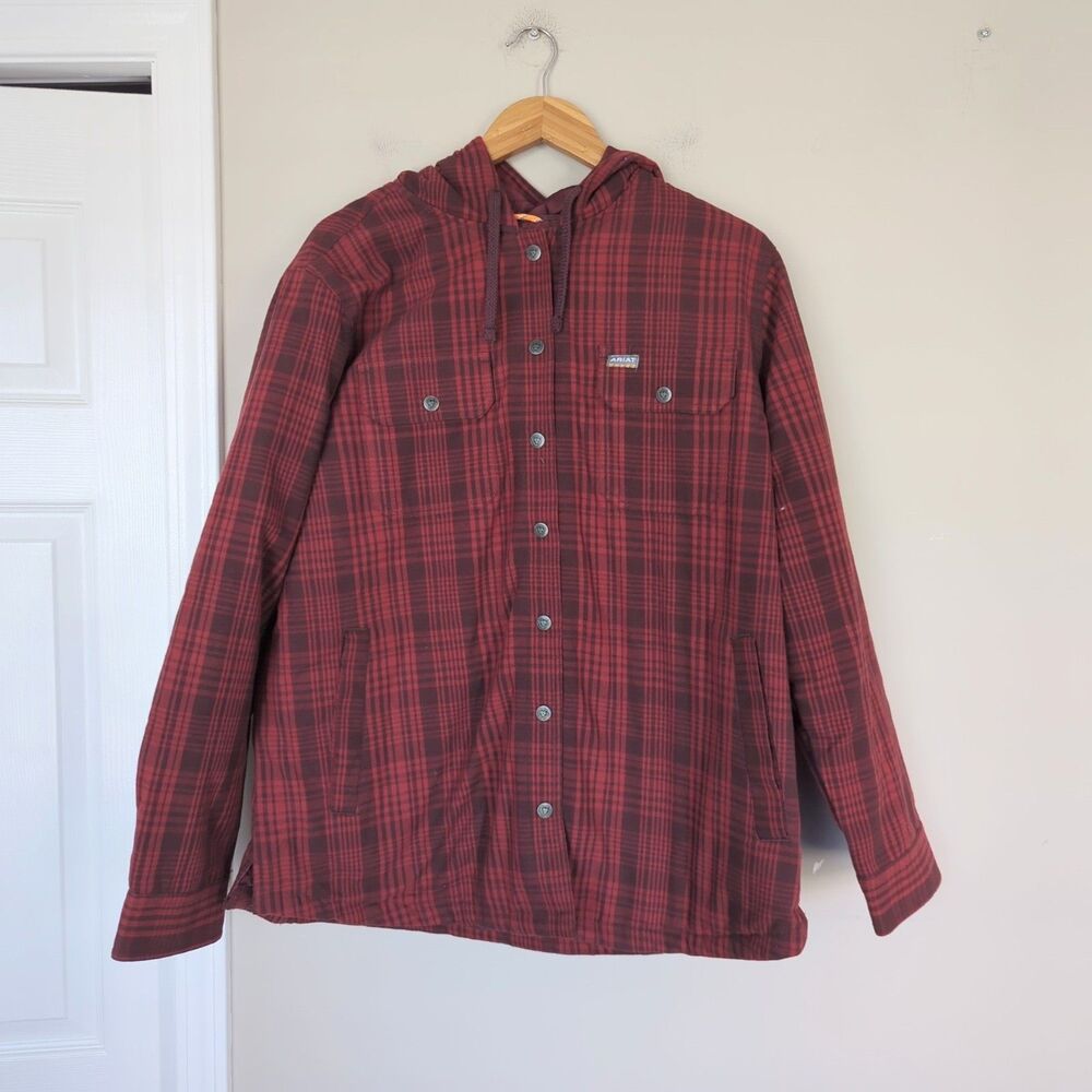 Ariat NWT Women's Rebar Red Plaid Flannel Insulated Hooded Shirt Jacket Medium